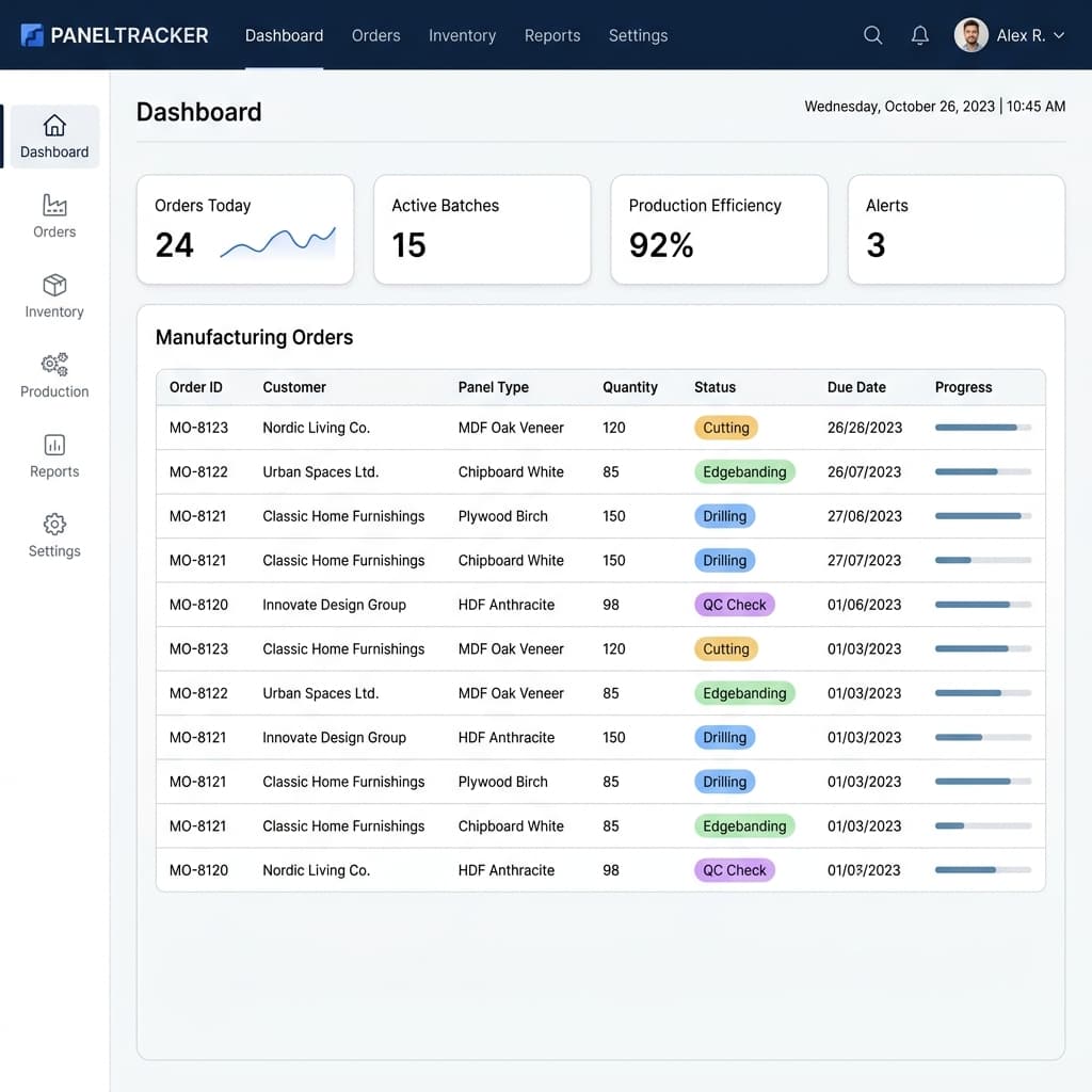PanelTracker manufacturing ERP orders dashboard